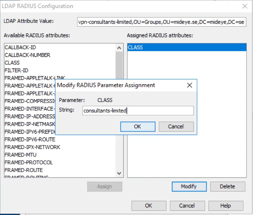 Mideye Configuration Tool LDAP-RADIUS translation rule dialog mapping AD group to RADIUS Class attribute