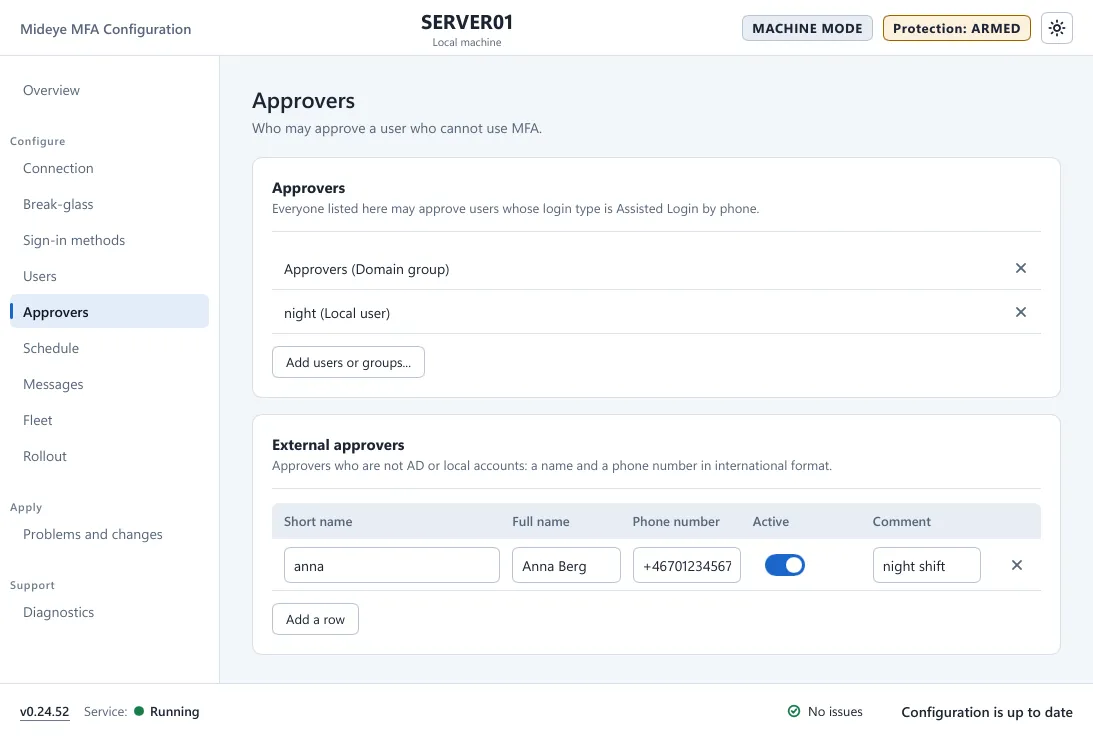 Mideye Configuration, Approvers page, with approver users and groups and a table of external approvers with phone numbers.