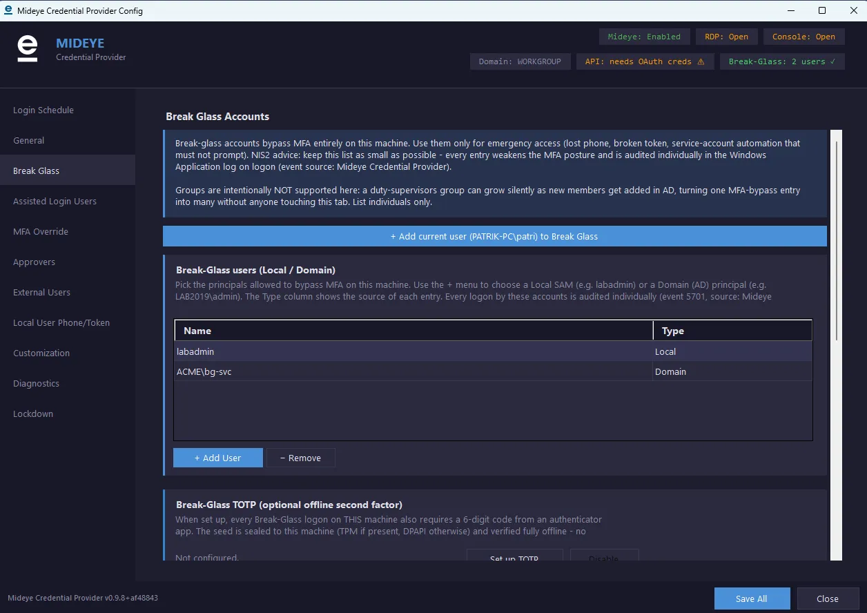 Mideye Credential Provider configuration tool, Break Glass tab. A button adds the current user, and the Break-Glass users list shows labadmin (Local) and ACME\bg-svc (Domain), with + Add User and - Remove buttons below it.