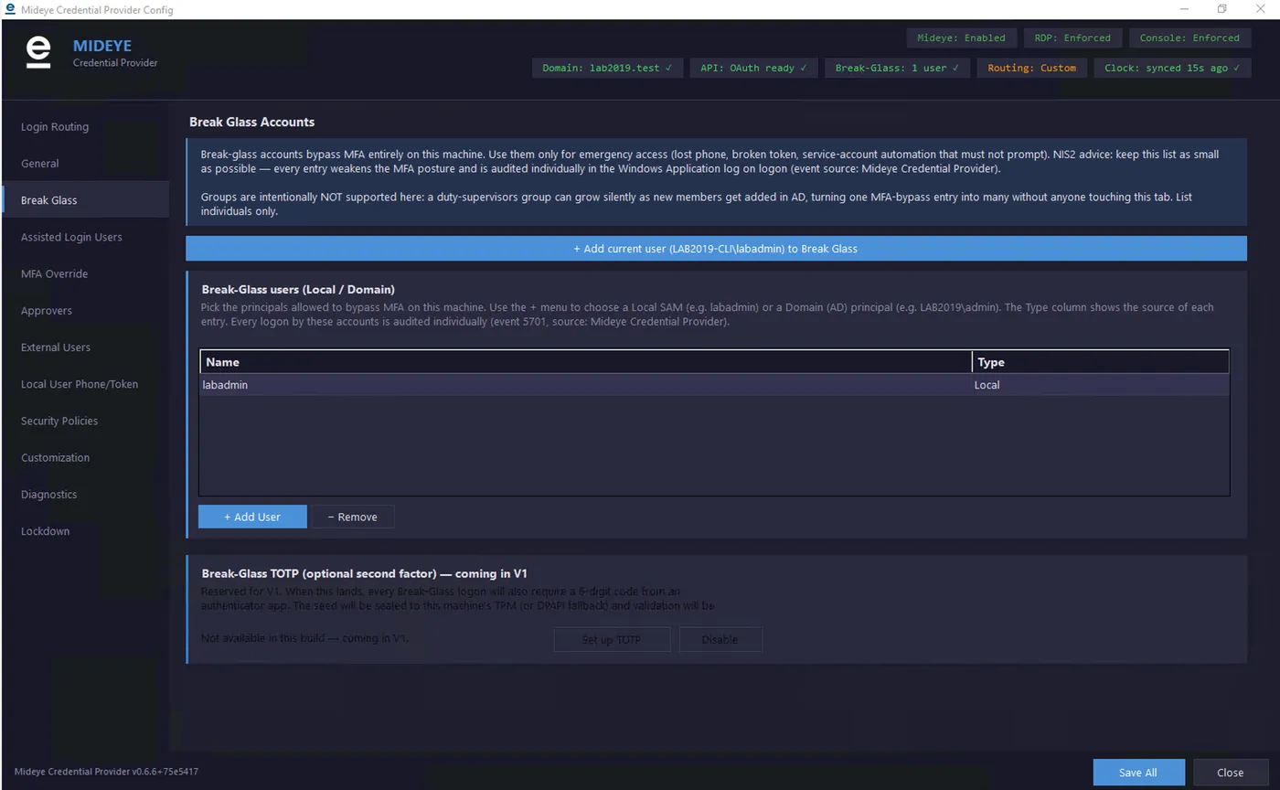 Mideye Credential Provider configuration tool — Break Glass tab. A list shows one user, "labadmin" of type Local, and an "Add current user" button next to the standard + Add User / − Remove buttons.