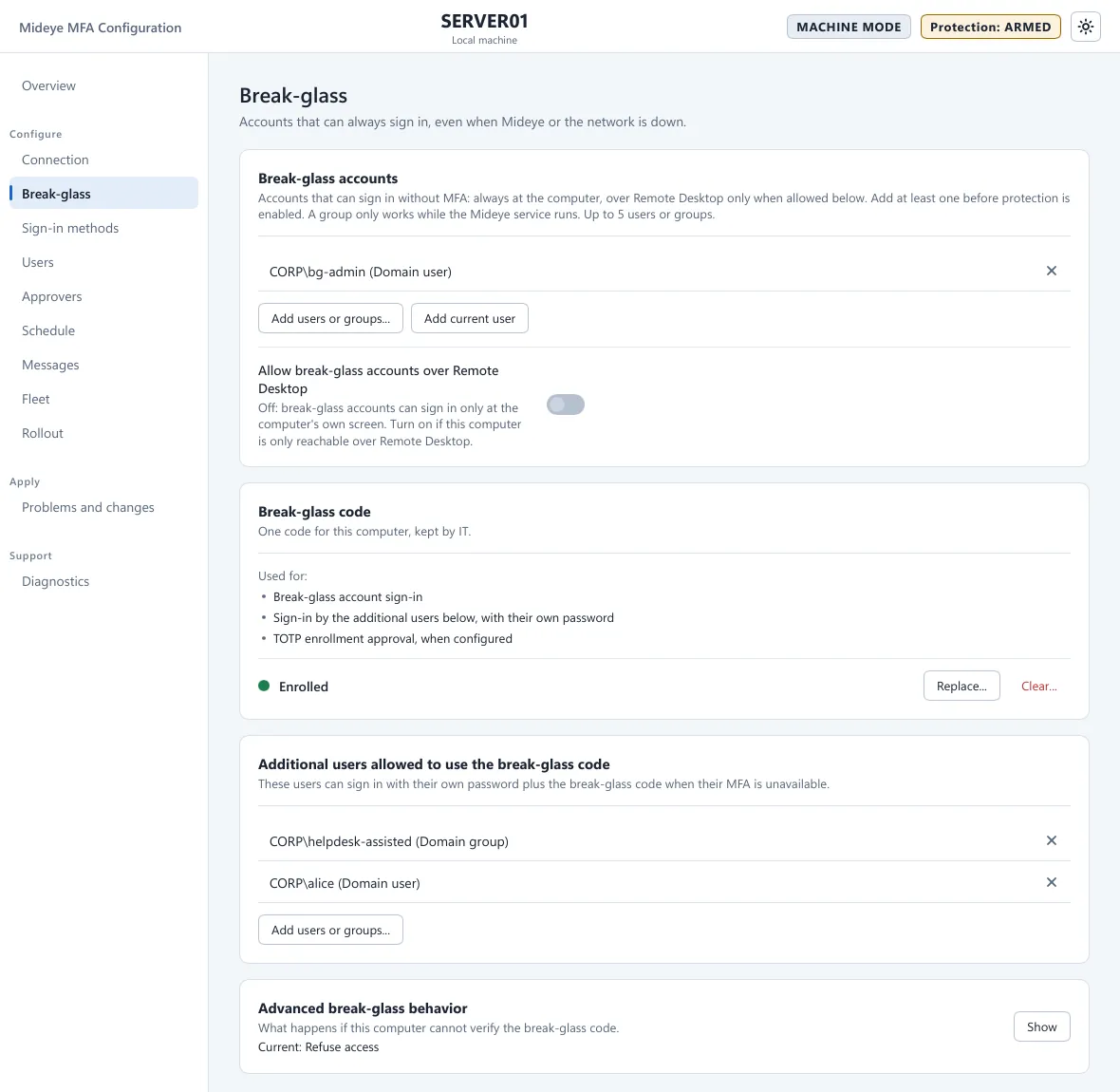 Mideye Configuration, Break-glass page, with a break-glass account, an enrolled code and the users allowed to use it.