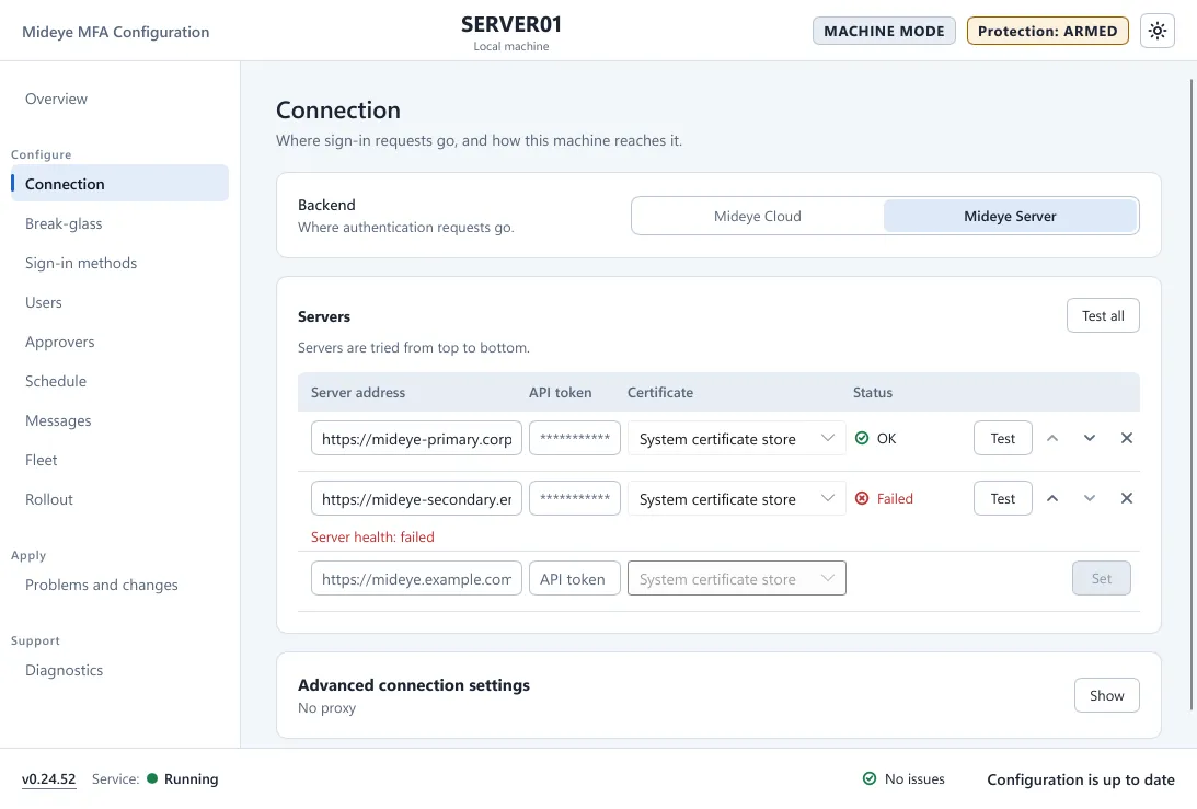 Mideye Configuration, Connection page with Mideye Server: servers, API tokens, certificate trust and test status.