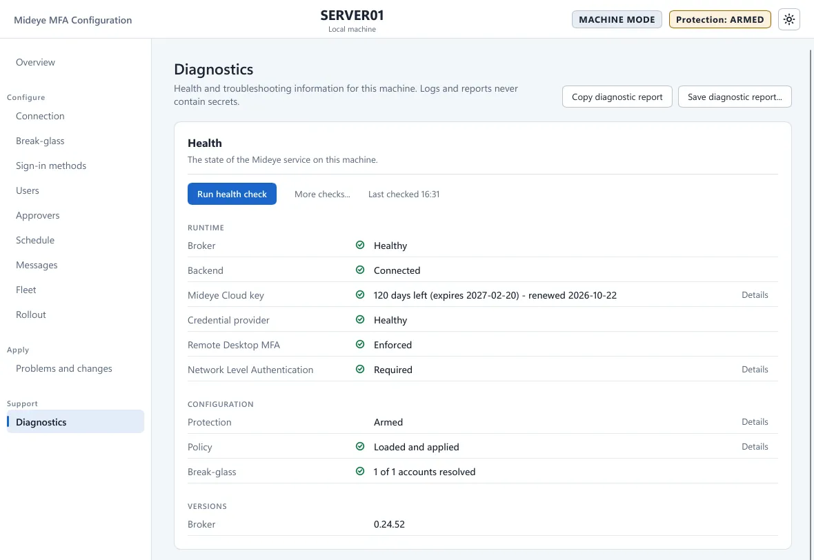 Mideye Configuration, Diagnostics page, with the Health card showing broker, backend and Remote Desktop MFA checks.