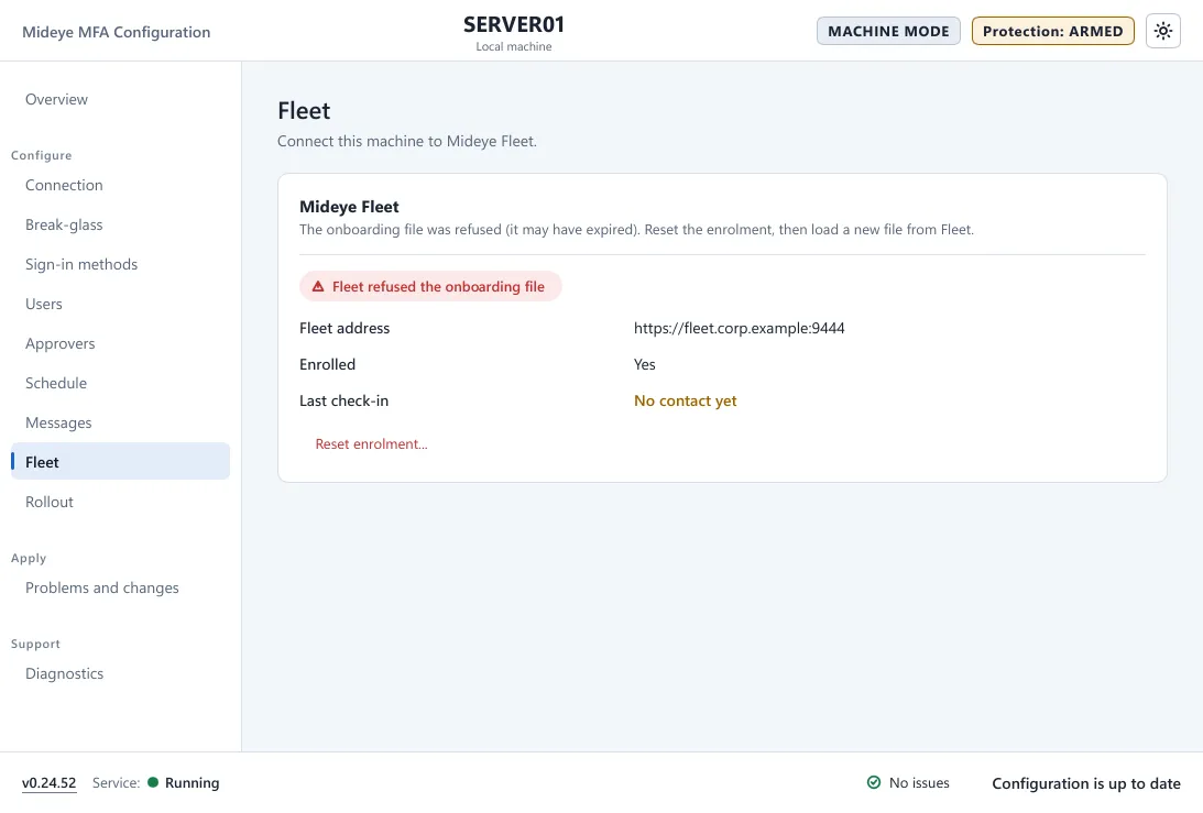 Mideye Configuration, Fleet page after Fleet refused the onboarding file: the text "The onboarding file was refused (it may have expired)" and the button Reset enrolment.