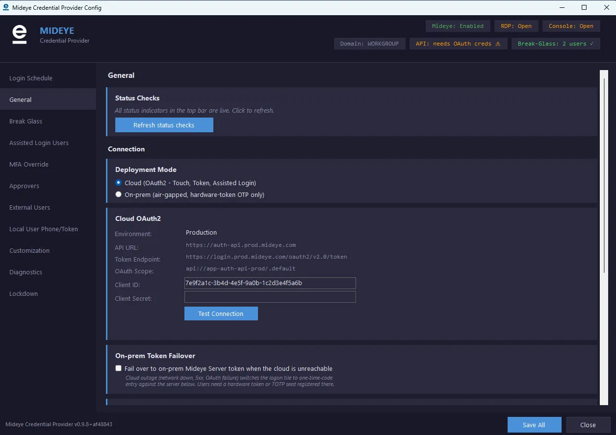 Mideye Credential Provider configuration tool, General tab. Deployment Mode set to Cloud (OAuth2, Touch, Token, Assisted Login). The Cloud OAuth2 card shows Environment Production, the API URL, token endpoint and OAuth scope, with Client ID and Client Secret fields and a Test Connection button.
