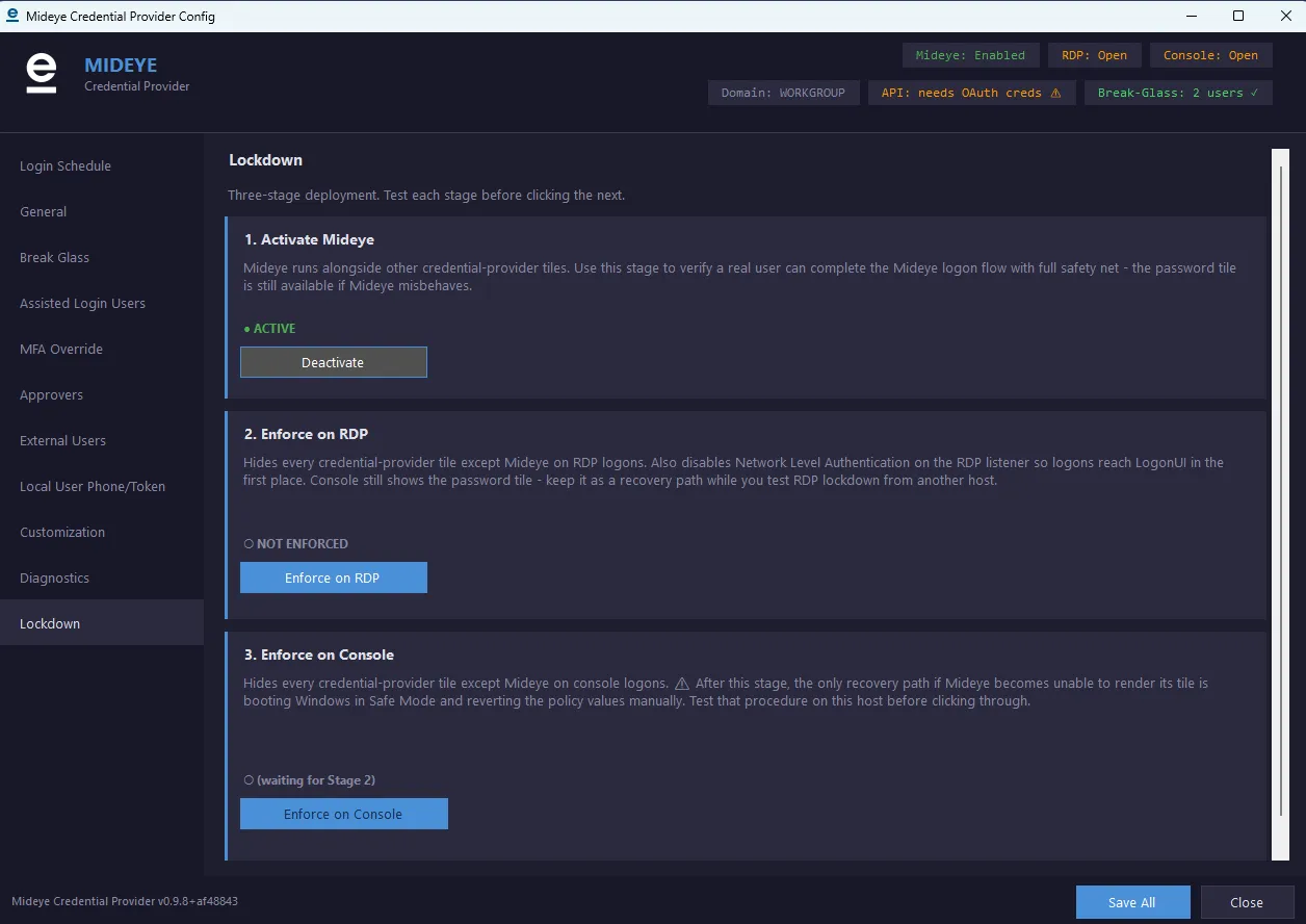 Mideye Credential Provider configuration tool, Lockdown tab showing three stages, each in its own card with a description and an action button: 1. Activate Mideye, status ACTIVE, with a Deactivate button. 2. Enforce on RDP, status NOT ENFORCED. 3. Enforce on Console, status waiting for Stage 2.