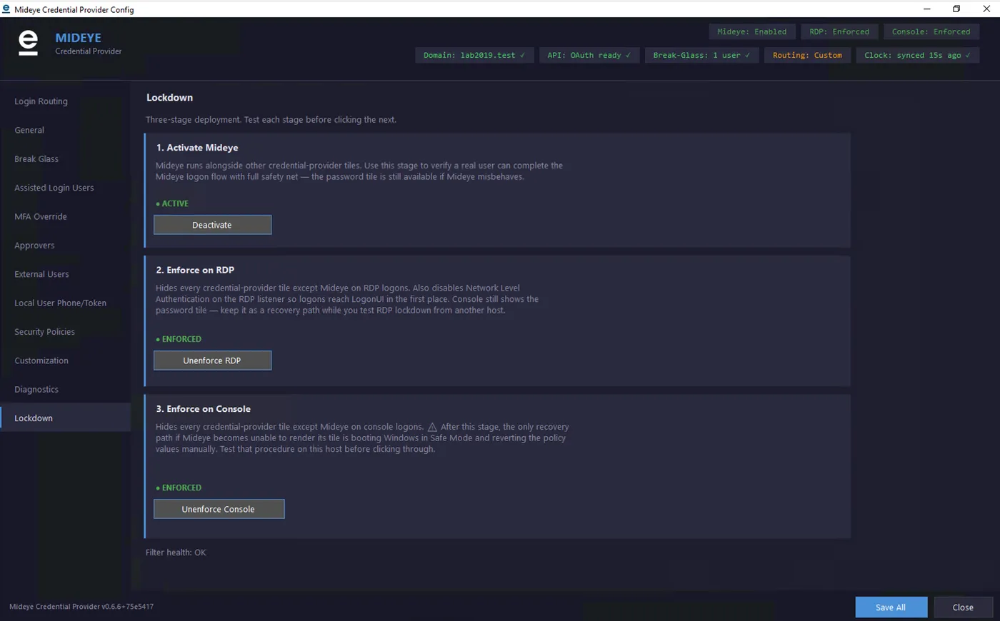 Mideye Credential Provider configuration tool — Lockdown tab showing three stages: 1. Activate Mideye (status: ACTIVE), 2. Enforce on RDP (status: ENFORCED), 3. Enforce on Console (status: ENFORCED). Each stage has its own card with a description and an action button.