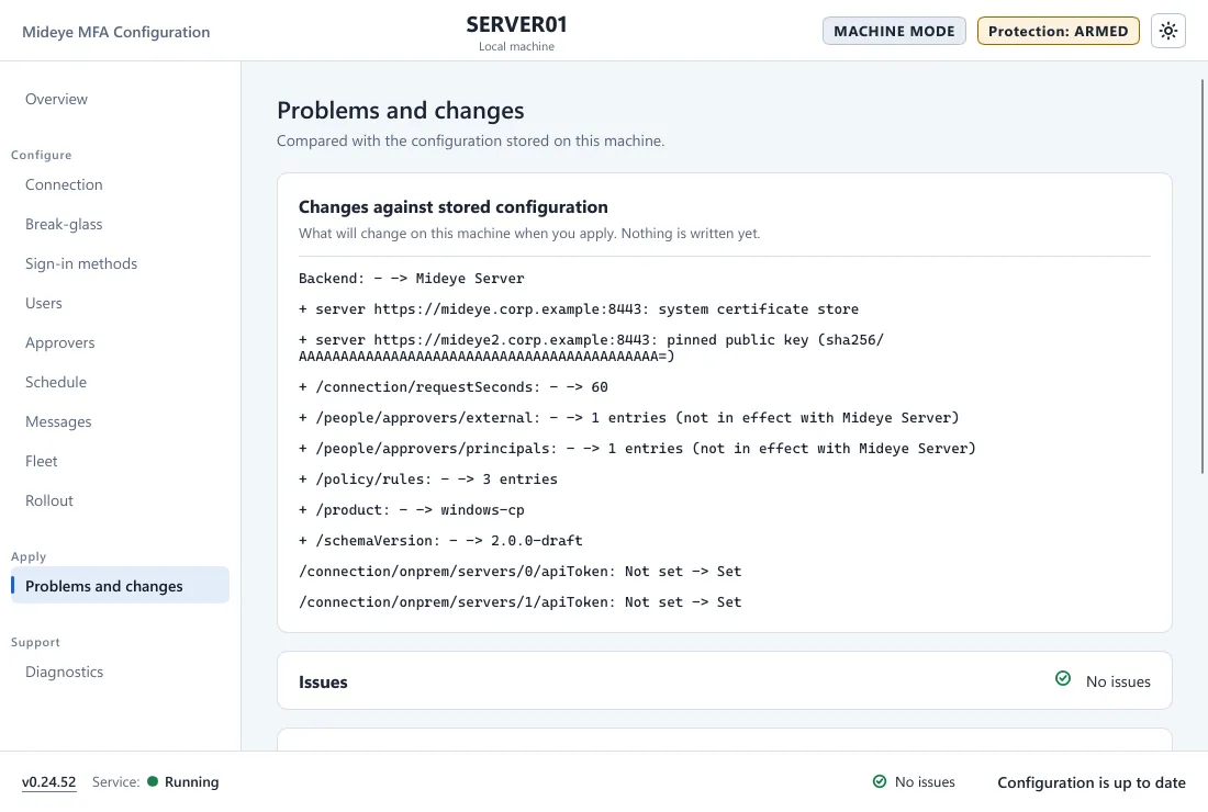 Mideye Configuration, Problems and changes page, with the list of changes and the Issues card.
