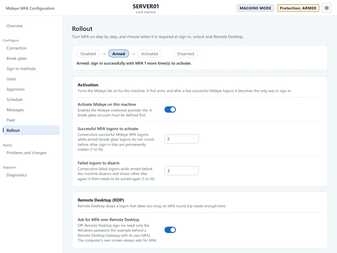 Mideye Configuration, Rollout page, with the Disabled, Armed, Activated and Disarmed steps and the activation settings.