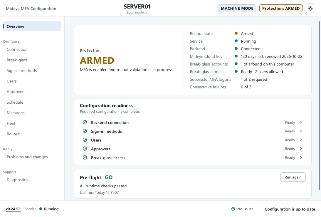 Mideye Configuration, Overview page, with the header, the menu on the left and the footer at the bottom.