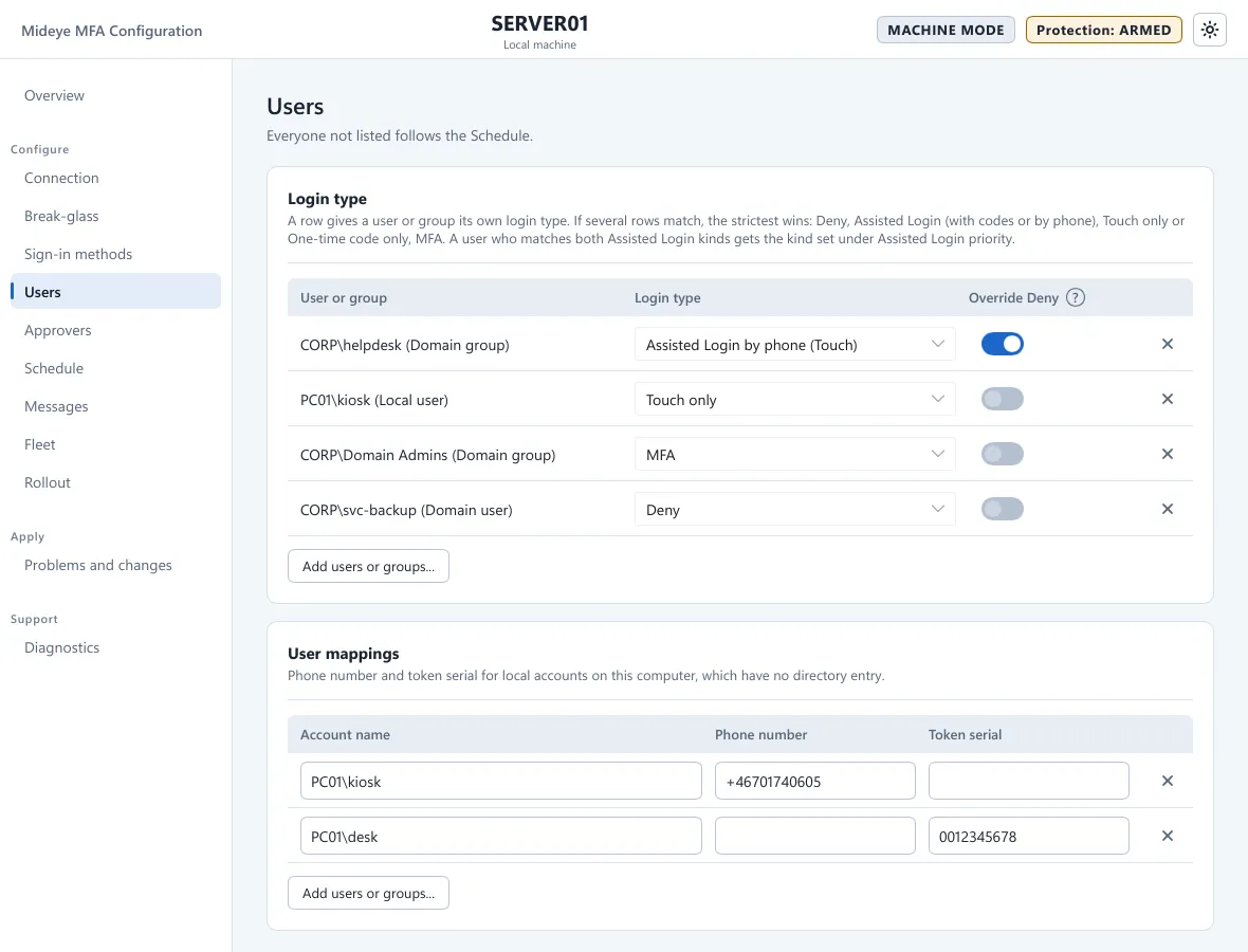 Mideye Configuration, Users page, with a Login type table of users and groups and a User mappings table for local accounts.