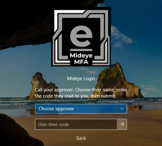 The Mideye tile showing Call your approver, a Choose approver list and a One-time code box.