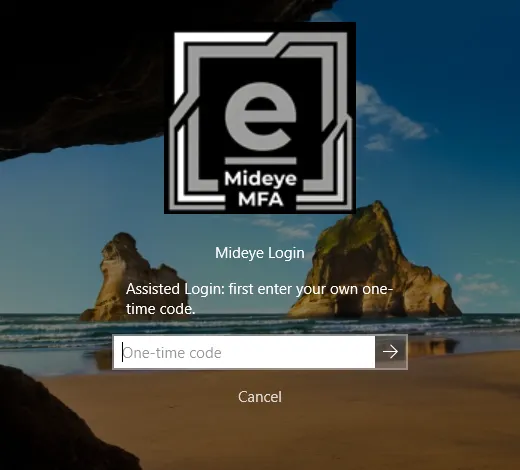 The Mideye tile showing Assisted Login: first enter your own one-time code, with a One-time code box and a Cancel link.