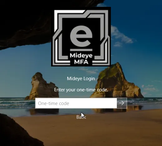 The Mideye tile with the text Enter your one-time code, a One-time code box and a Back link.