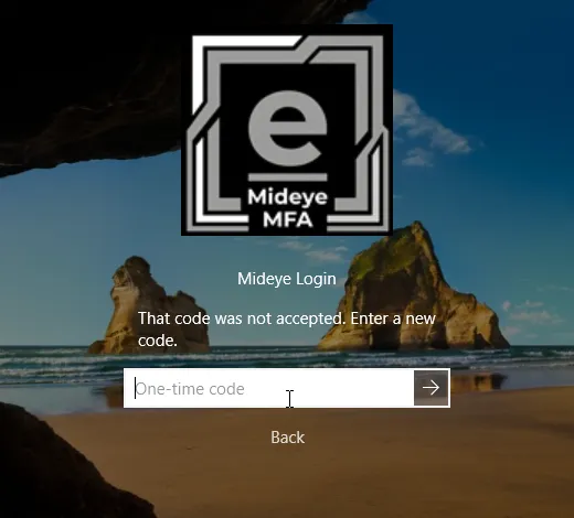 The Mideye tile showing That code was not accepted. Enter a new code, with an empty One-time code box.