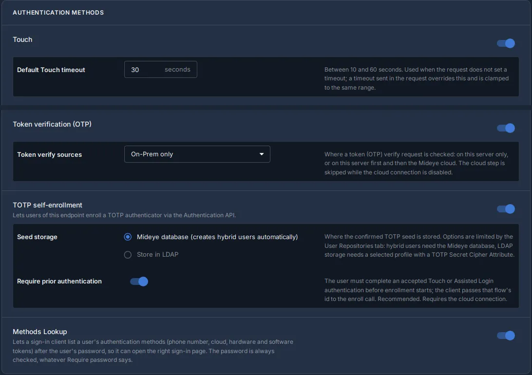 Mideye Server, Authentication API endpoint fleet, Authentication Methods: Touch, Token verification (OTP), TOTP self-enrollment with Require prior authentication, and Methods Lookup, all on.