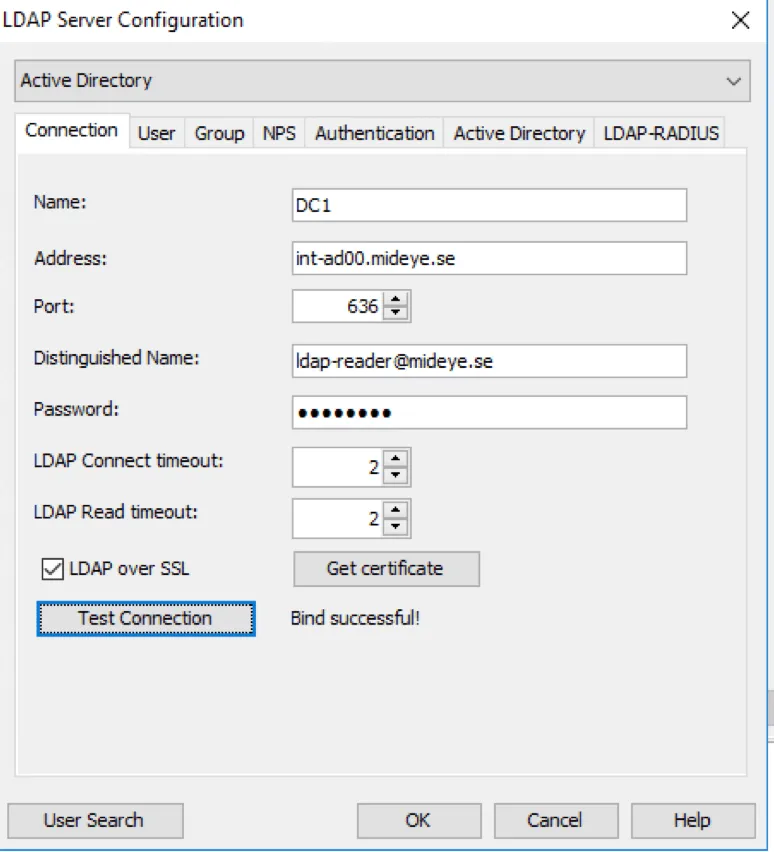Mideye Configuration Tool LDAP Server connection settings with address, port, and credentials fields