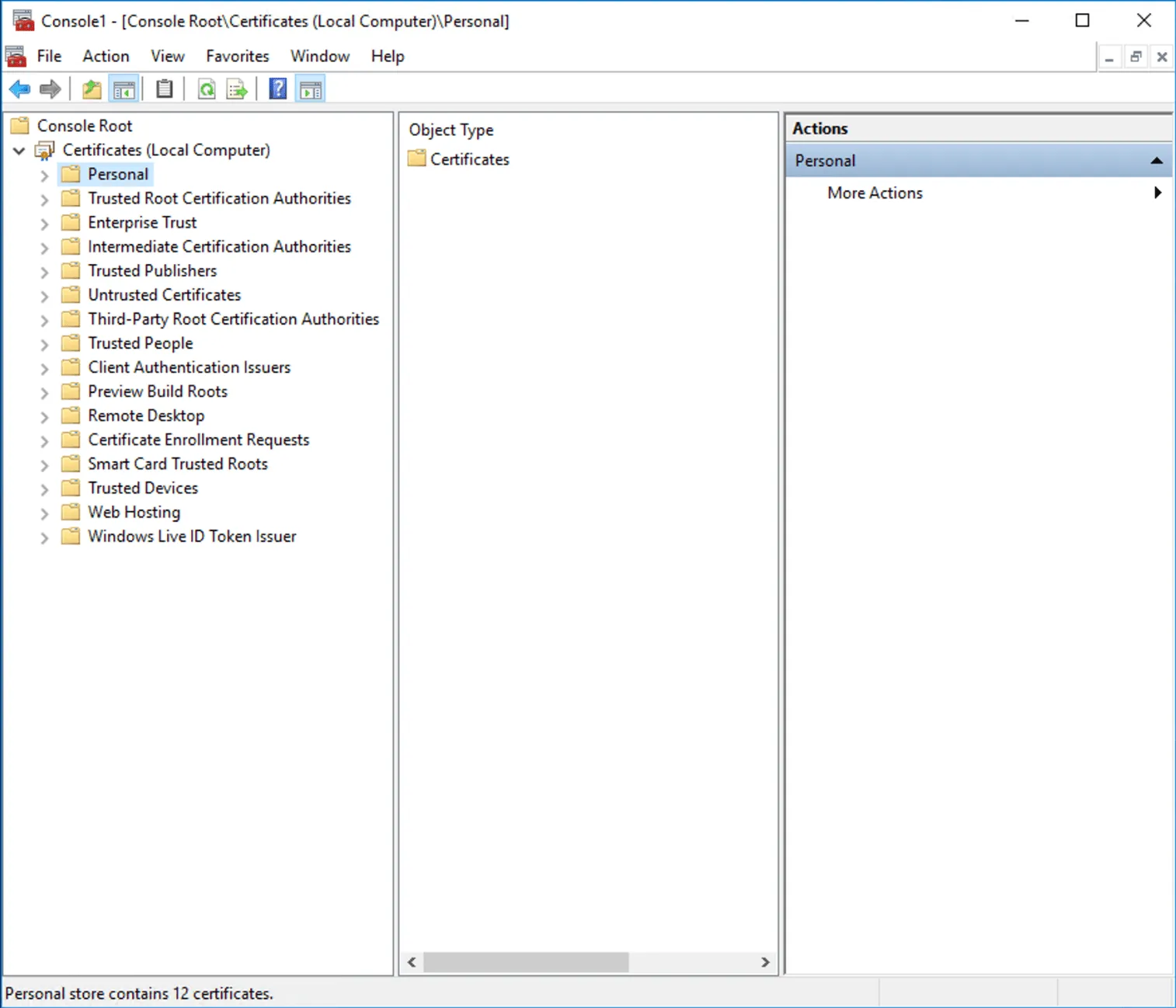 Windows MMC console Add or Remove Snap-ins dialog for adding Certificate snap-in