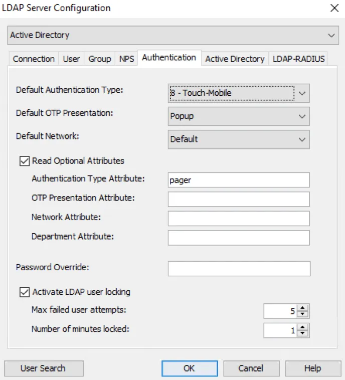 Mideye Configuration Tool authentication types list showing default network and authentication methods
