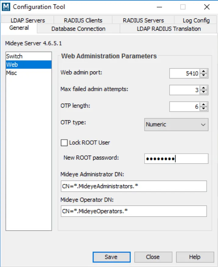 Mideye Configuration Tool - Web settings showing root user password configuration