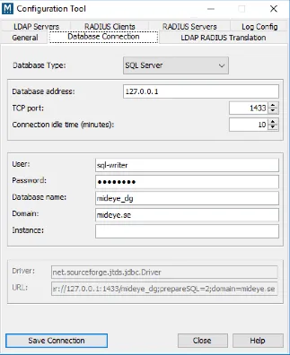 Mideye Configuration Tool database connection dialog with SQL Server configuration fields