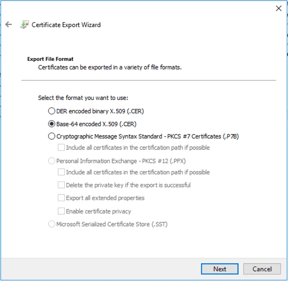 Certificate Export Wizard showing Base-64 encoded X.509 format selection