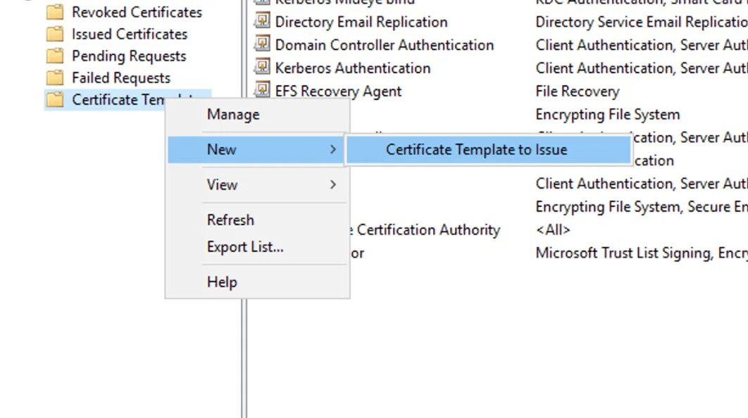 Certificate Authority console context menu for issuing a new certificate template