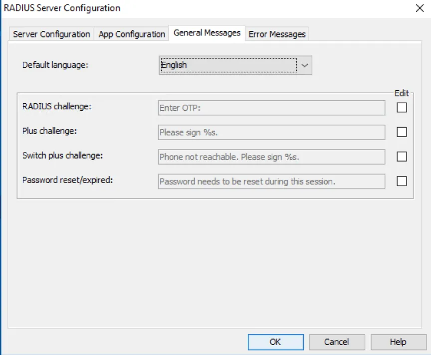Mideye Configuration Tool showing RADIUS server error message customization dialog