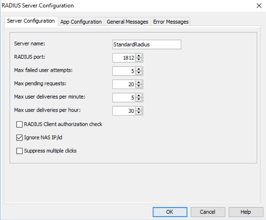 Mideye Configuration Tool RADIUS Server settings dialog showing port, timeout, and rate limiting options