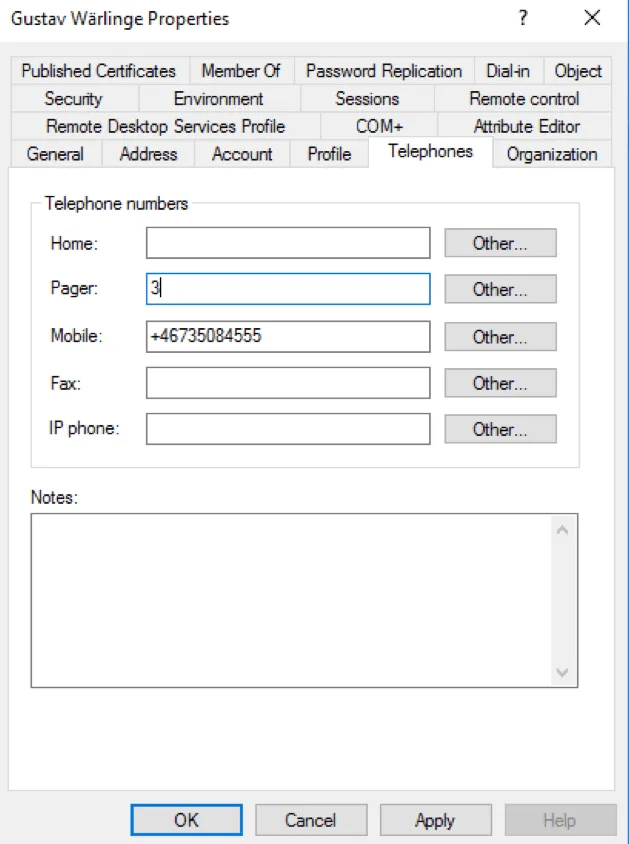 Active Directory user properties Telephones tab showing pager field configured for authentication type