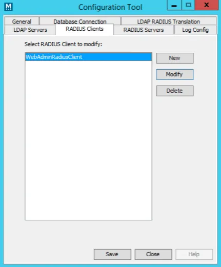 Mideye Configuration Tool RADIUS Clients list showing Web Admin client configuration