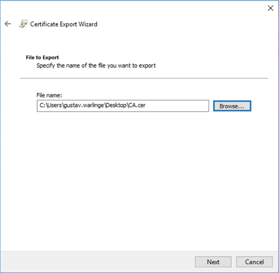 Certificate Export Wizard file save dialog for CA certificate
