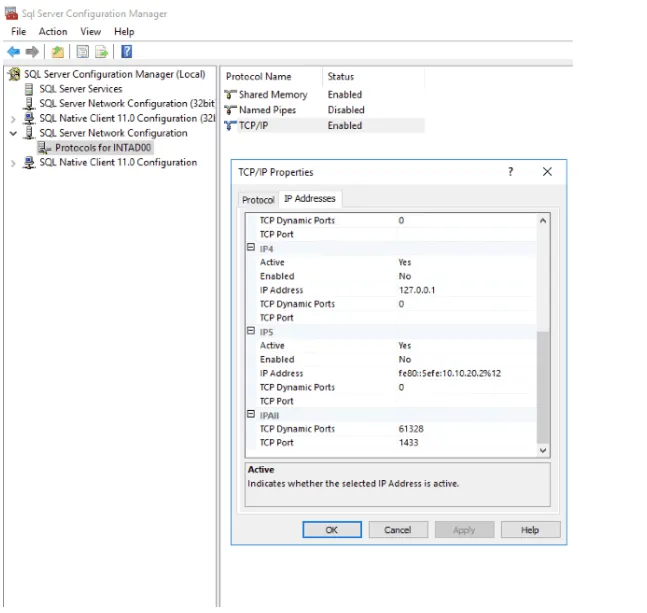 SQL Server Configuration Manager TCP/IP Properties showing IPAll section with port 1433 configured