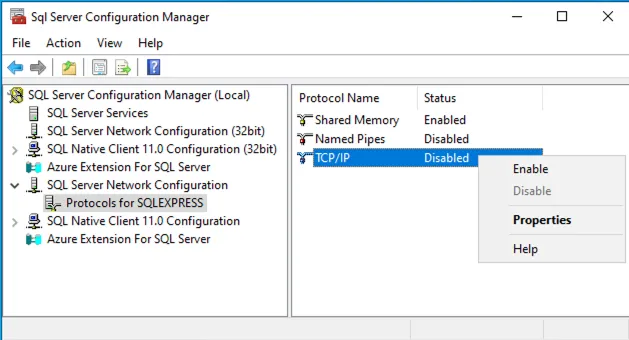SQL Server Configuration Manager showing TCP/IP protocol being enabled for SQLEXPRESS instance