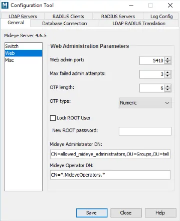Mideye Configuration Tool Web settings showing AD group assignments for administrator and operator roles