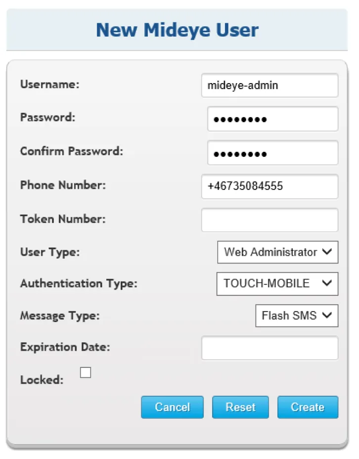Create new administrator account in Mideye Web Admin