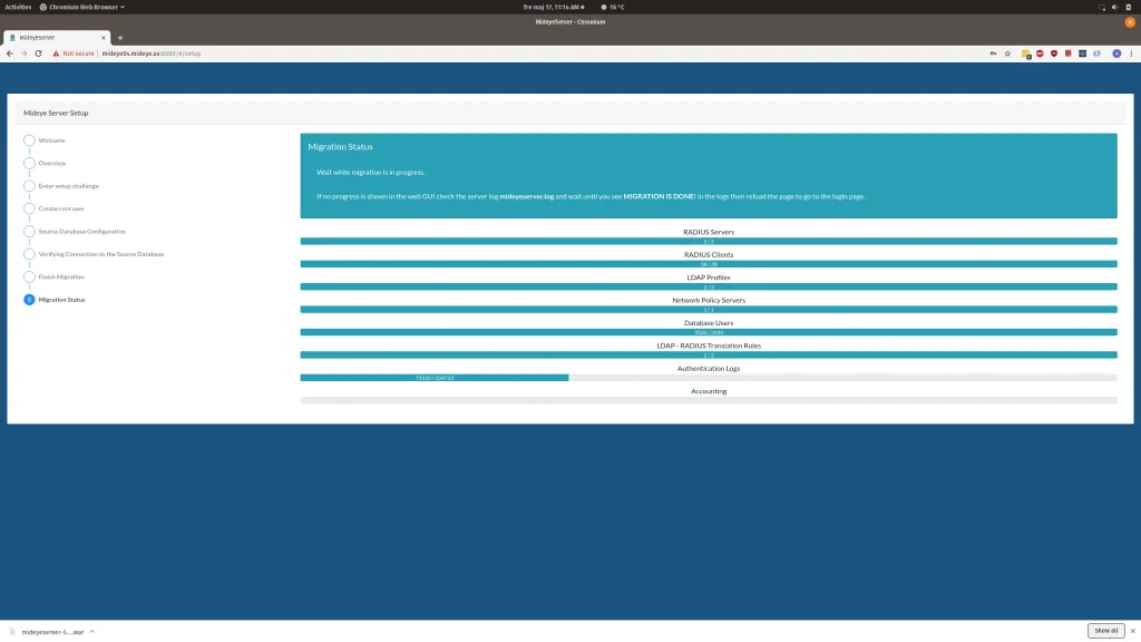 Mideye Server 5 Import Wizard migration progress bars showing data transfer status