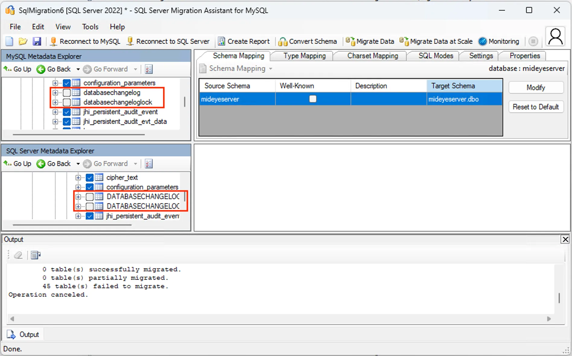 SSMA table selection with DATABASECHANGELOG and DATABASECHANGELOGLOCK deselected