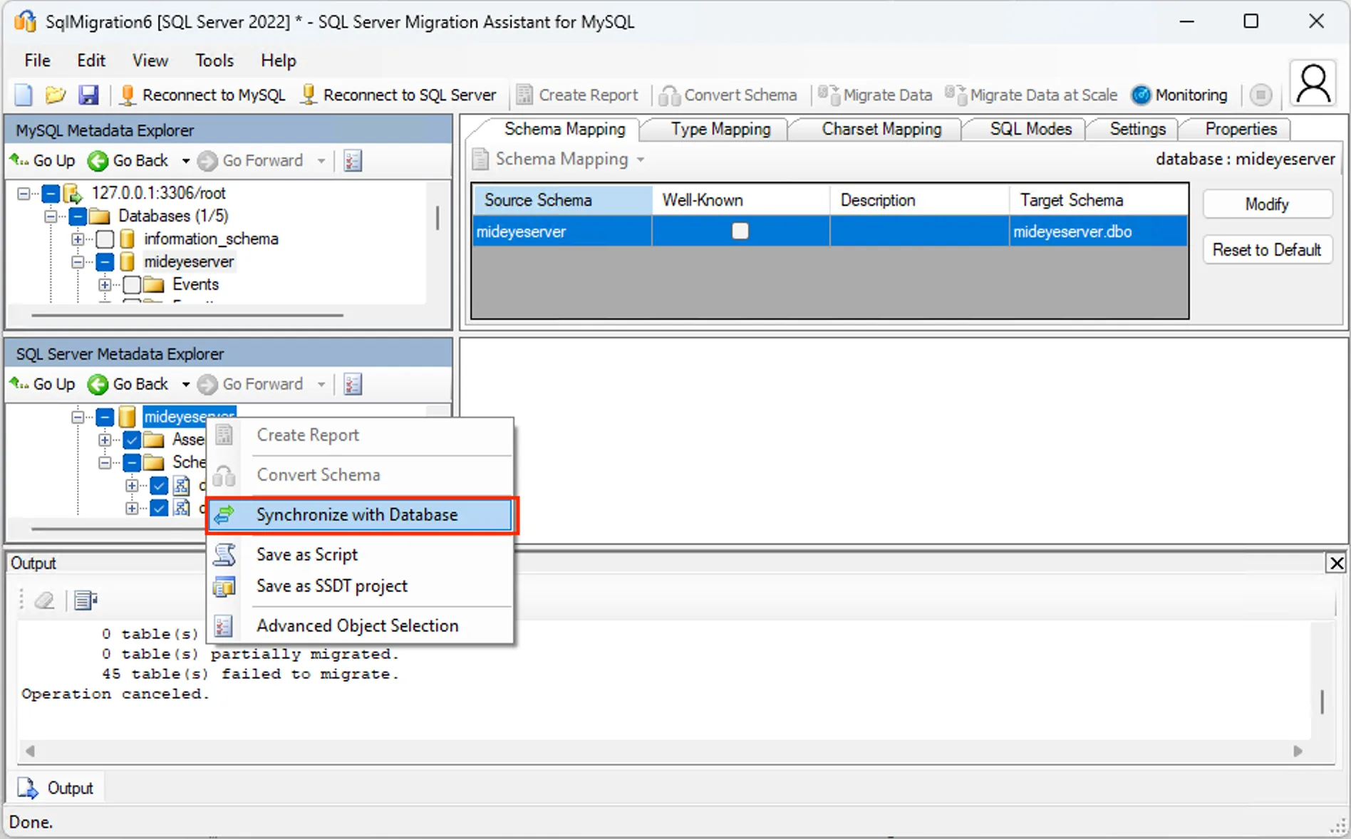 SSMA context menu showing Synchronize with Database option