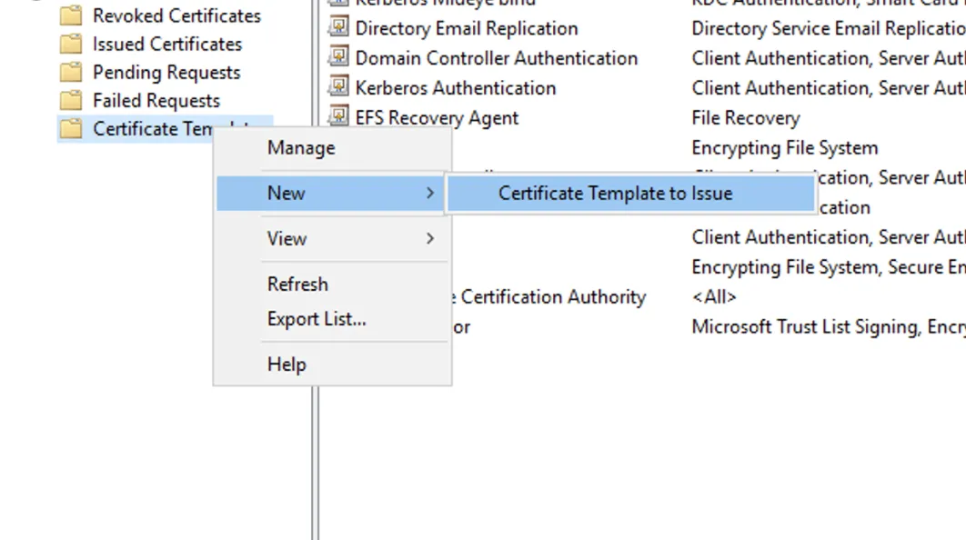 Certificate Authority console showing New followed by Certificate Template to Issue