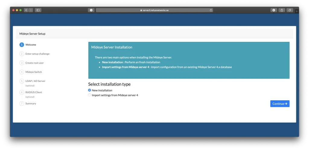 Mideye Server 5 setup wizard showing New Installation and Import options