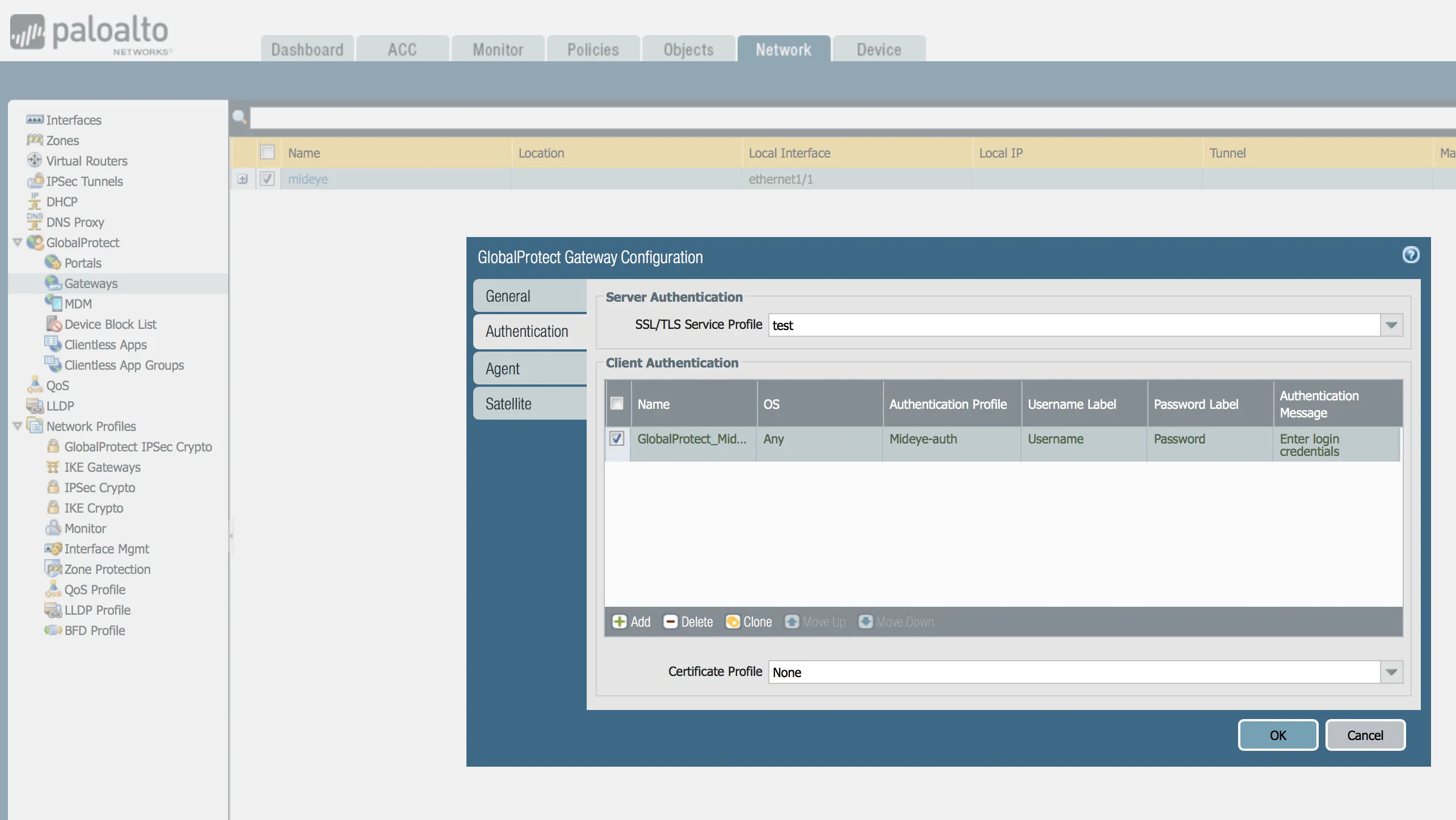 Authentication profile applied to GlobalProtect gateway
