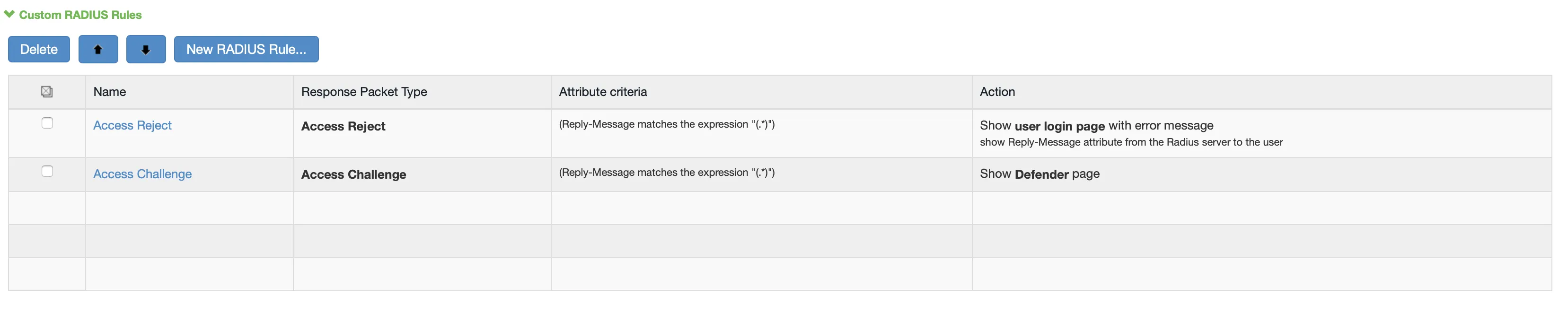 Overview of completed custom RADIUS rules for Mideye MFA in Pulse Connect Secure showing Access Reject and Access Challenge rules