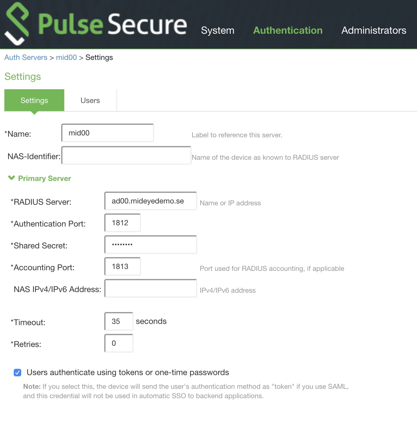 Pulse Connect Secure RADIUS authentication server configuration showing server address, shared secret, timeout, and retry settings for Mideye MFA