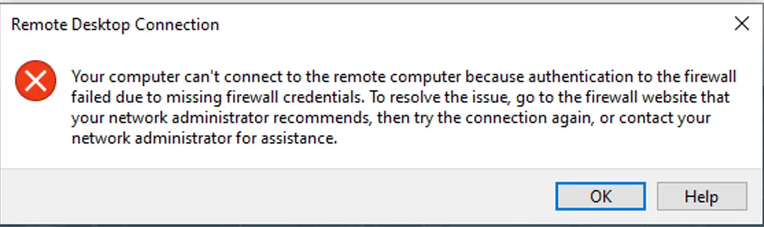 RDP error — authentication to the firewall failed due to missing credentials