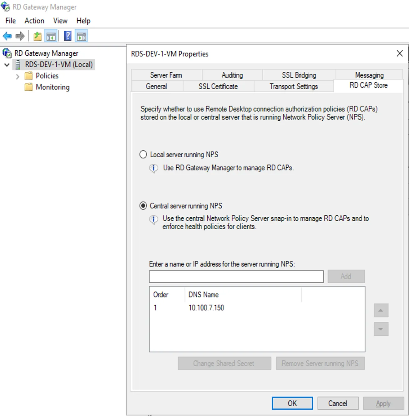RD Gateway — configure central NPS with Mideye Server address