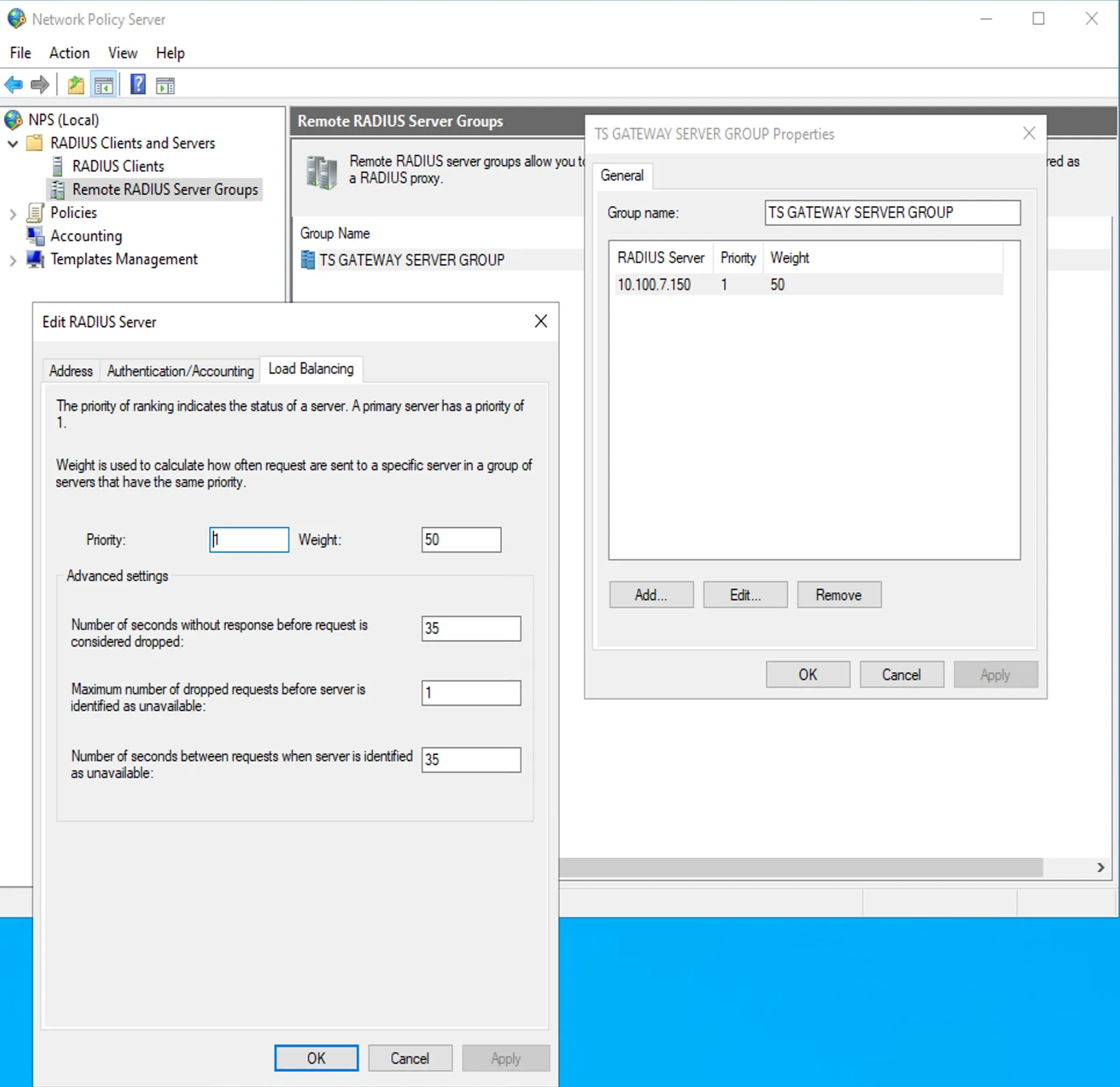 RDS-NPS — increase RADIUS timeout to 35 seconds in Load Balancing tab