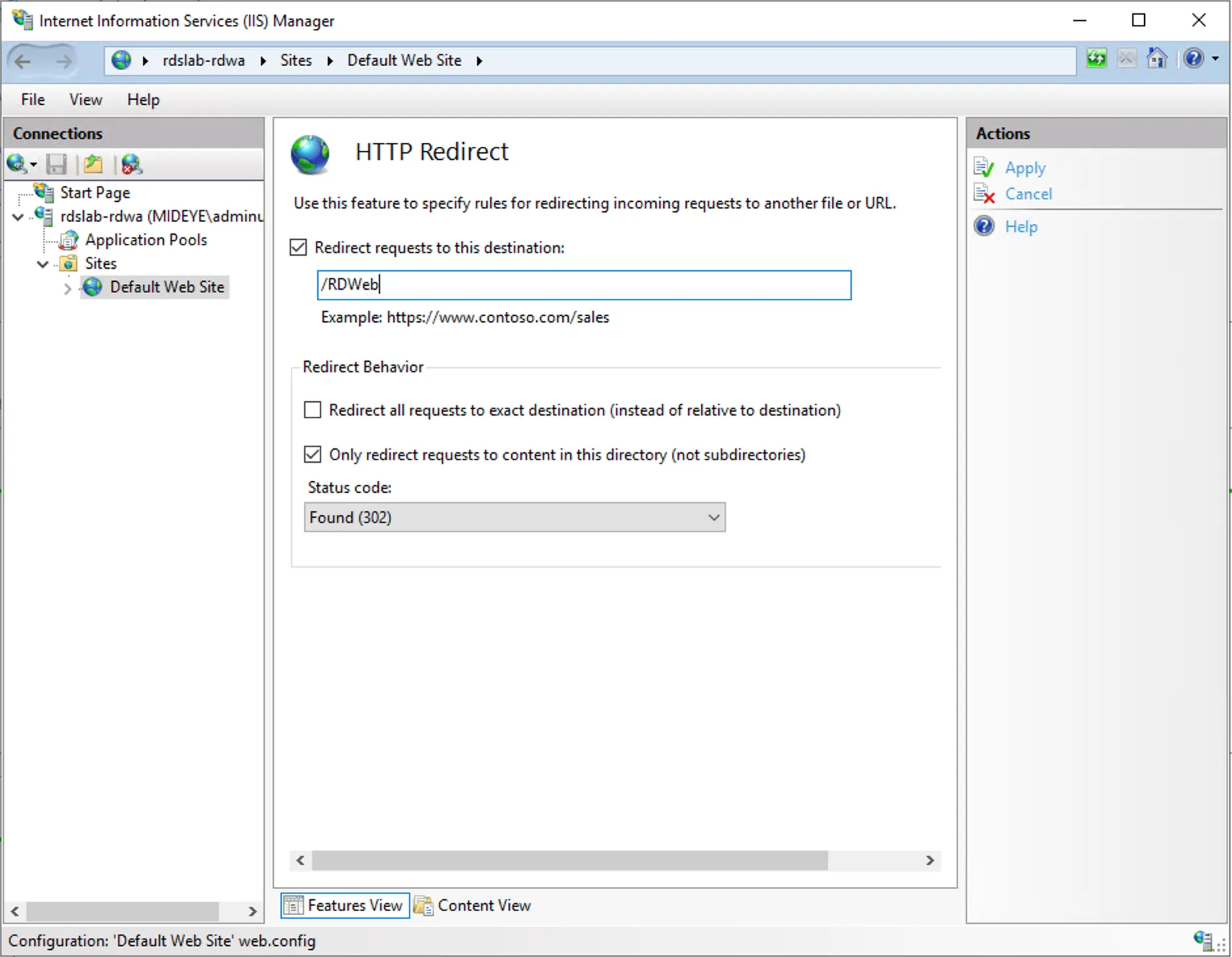 IIS — configure redirect to /RDweb for directory only