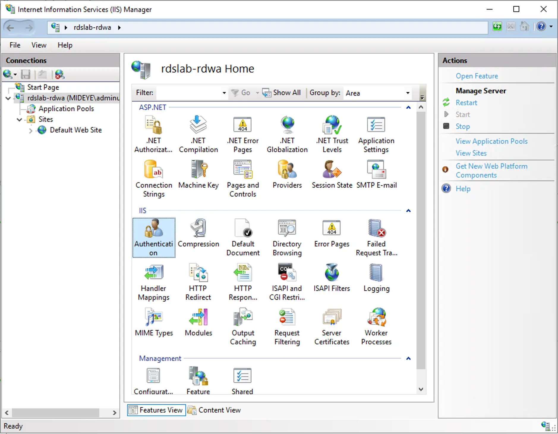 IIS — open Authentication settings