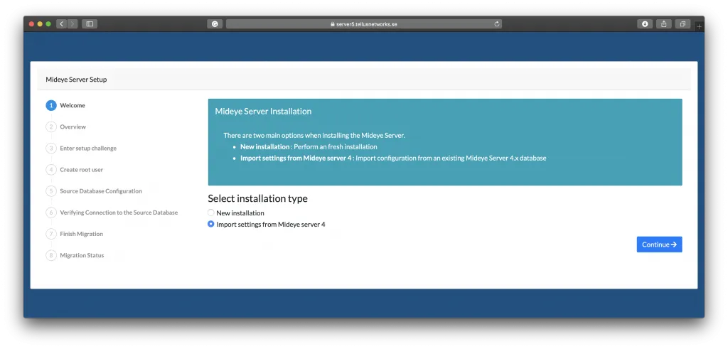 Mideye Server 5 setup wizard with Import settings from Mideye Server 4 option selected